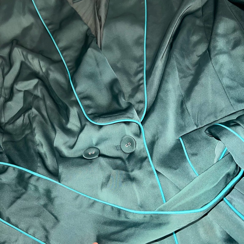 Eloquii Dark Green Satin Jacket with Teal Piping - Picture 4 of 7